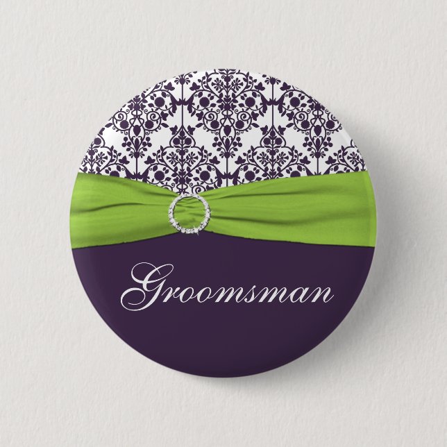 Lime and Purple Damask Groomsman Pin (Front)