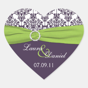 Lime and Purple Damask Heart Shape Sticker