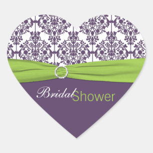 Lime and Purple Damask Heart Shaped Sticker