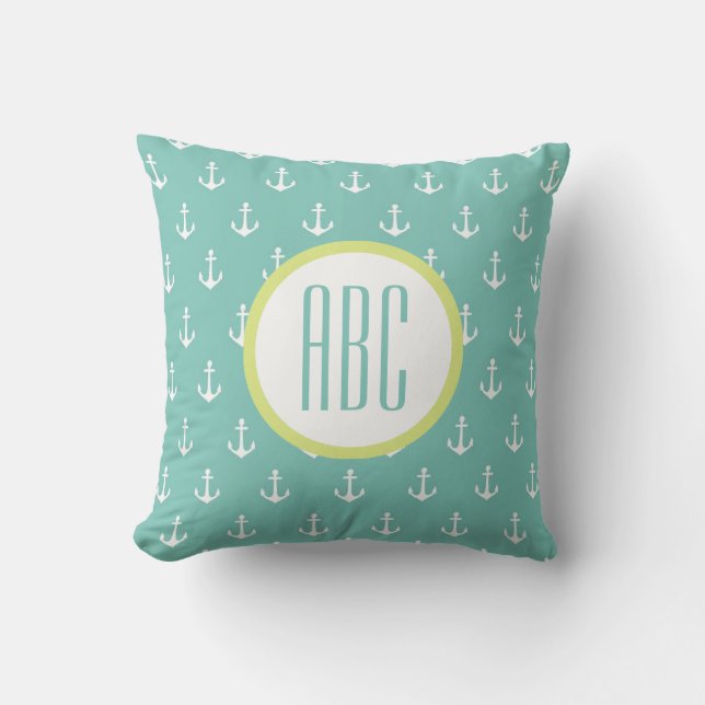 Lime and Seafoam Green Anchor Monogram Pillow (Front)
