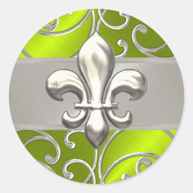Lime and Silver Filigree Swirls Fleur de Lis Classic Round Sticker (Front)