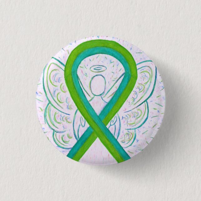 Lime and Teal Awareness Ribbon Angel Button Pin (Front)