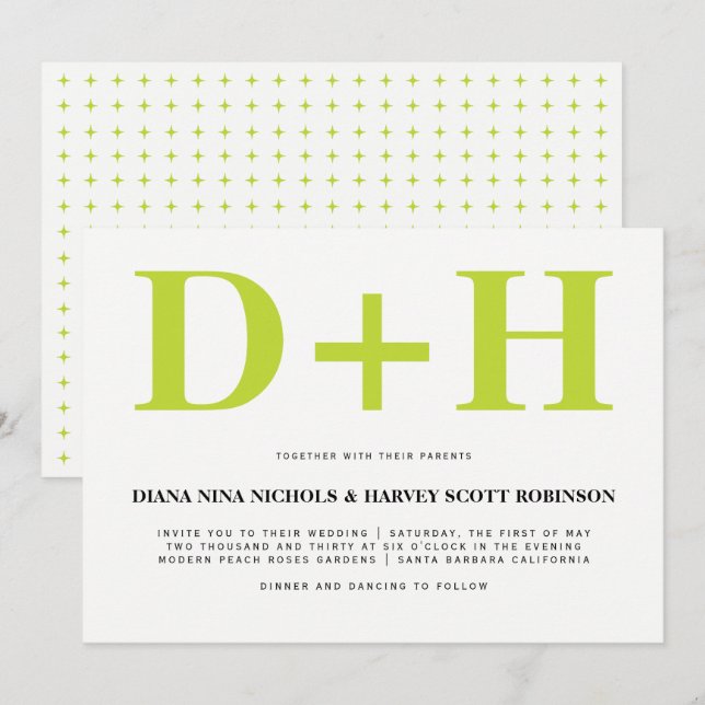 Lime and white initials bold typography wedding invitation (Front/Back)