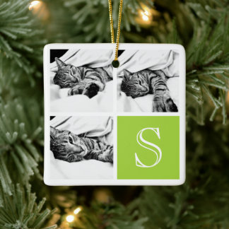 Lime and White Instagram Photo Collage Monogram Ceramic Ornament