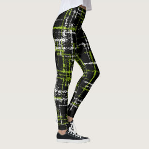 lime and white on black abstract crisscross leggings