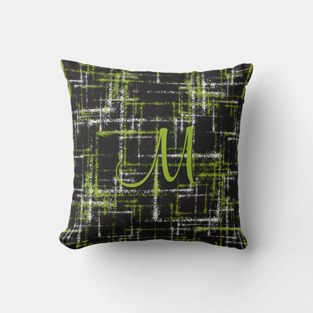 lime and white on black abstract crisscross throw pillow (Front)