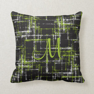 lime and white on black abstract crisscross throw pillow