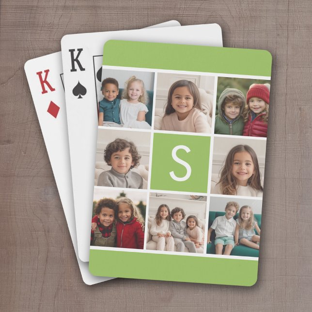Lime and White Photo Collage Custom Monogram Playing Cards (Add 8 photos and personalize this set of playing cards with a monogram and lime green accents)
