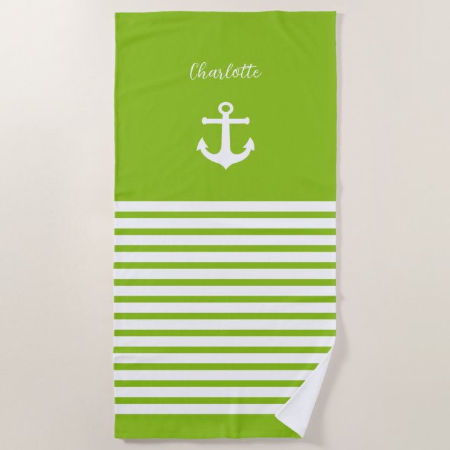 Lime and White Stripes Nautical  Personalized  Beach Towel (Front)
