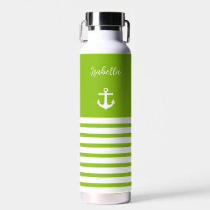 Lime and White Stripes Nautical Personalized Water Bottle