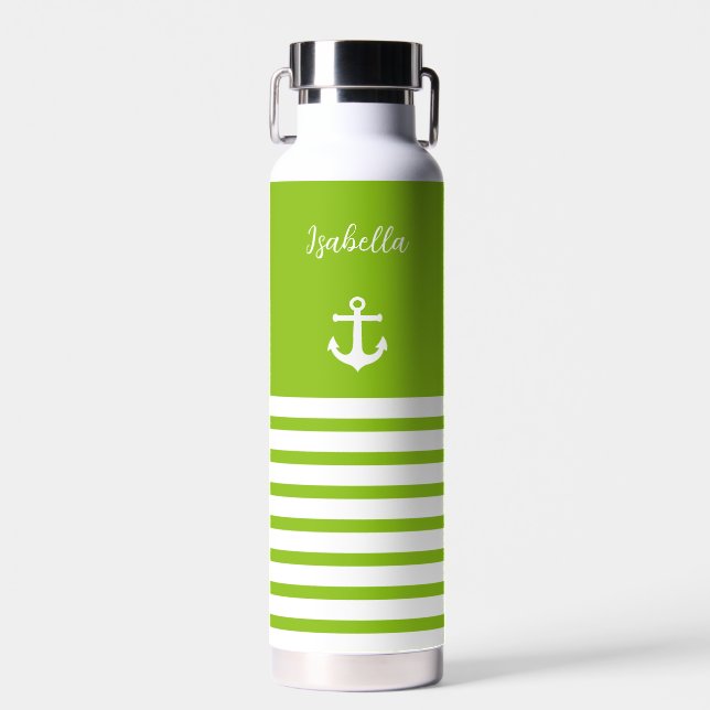 Lime and White Stripes Nautical Personalized   Water Bottle (Front)