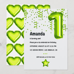 Lime Balloon 1st Birthday Invitation