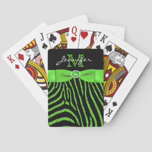 Lime Black FAUX Ribbon Glitter Zebra Playing Cards