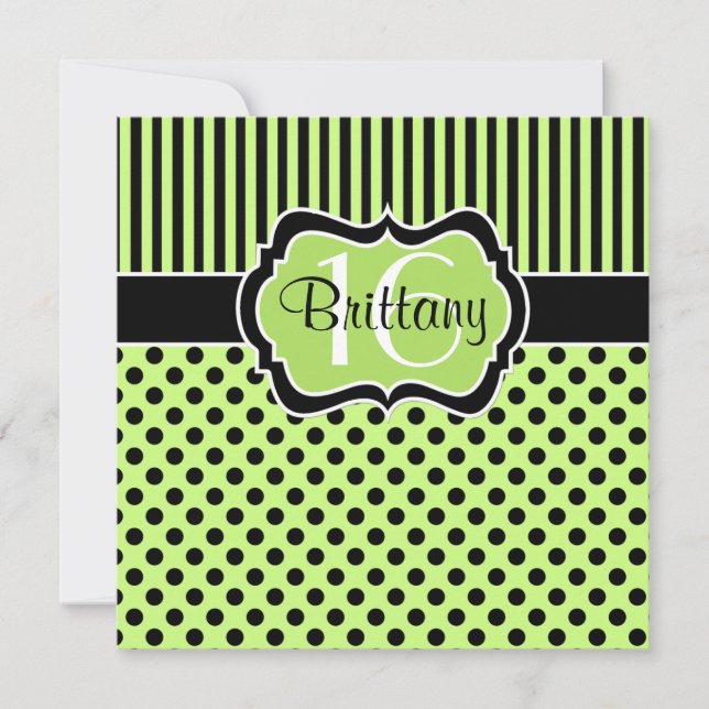 Lime Black Polka Dots Sixteenth Birthday Invite (Front)