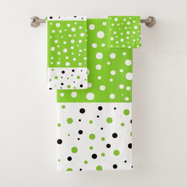 Lime Black & White Polka Dot Colour Block Pattern Bath Towel Set (Insitu)