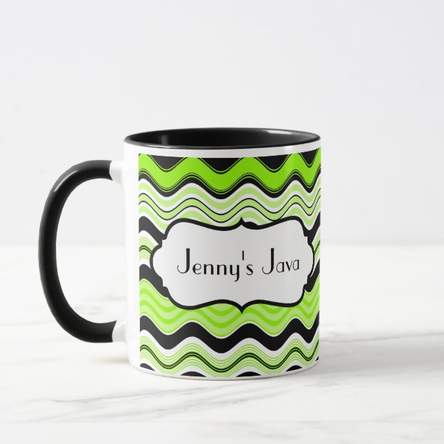 Lime, Black, White Wavy Stripes Personalized Mug (Left)