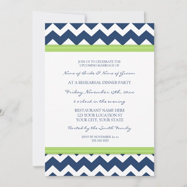 Lime Blue Chevron Rehearsal Dinner Party Invitation (Back)