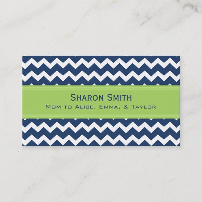 Lime Blue Chevron Retro Mom Calling Cards (Front)