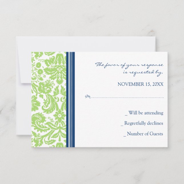 Lime Blue Damask RSVP Wedding Card (Front)
