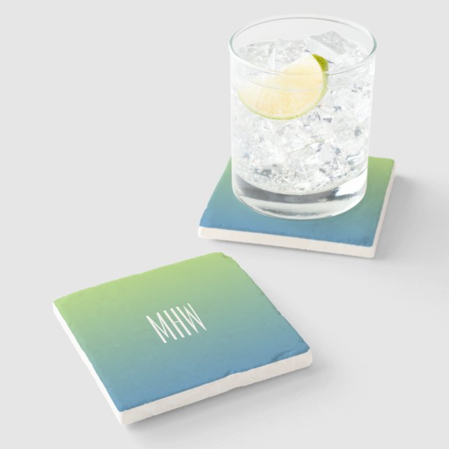 Lime Blue Gradient custom monogram stone coaster (Side)
