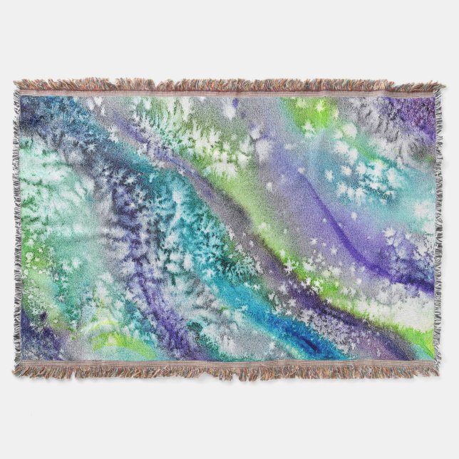 Lime Blue Ice Abstract Watercolor Throw Blanket (Front)