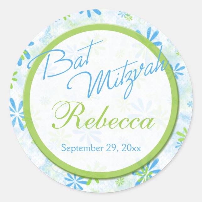 Lime, Blue, White Floral 1.5" Round Bat Mitzvah Classic Round Sticker (Front)