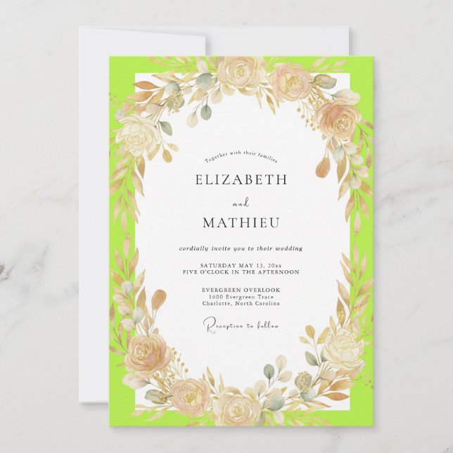 Lime Champagne Wreath Wedding Invitation (Front)