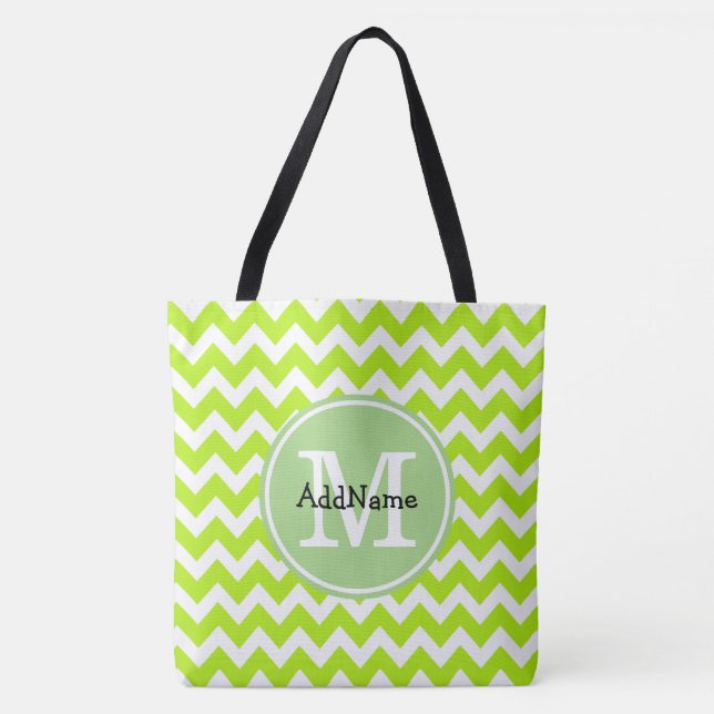 Lime Chevron, Custom Monogram Personalized Name Tote Bag (Front)