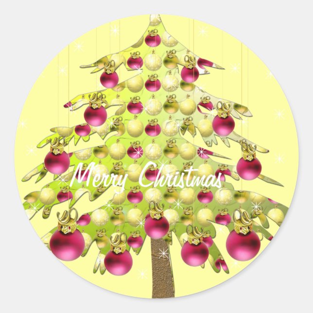 Lime  Christmas Tree with Plum Ornaments Classic Round Sticker (Front)