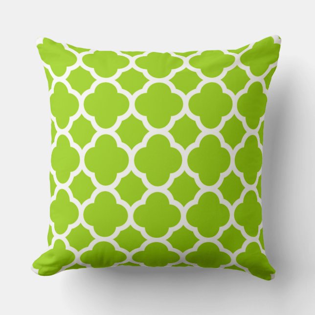 Lime Citrus Green and White Quatrefoil Pattern Throw Pillow (Front)