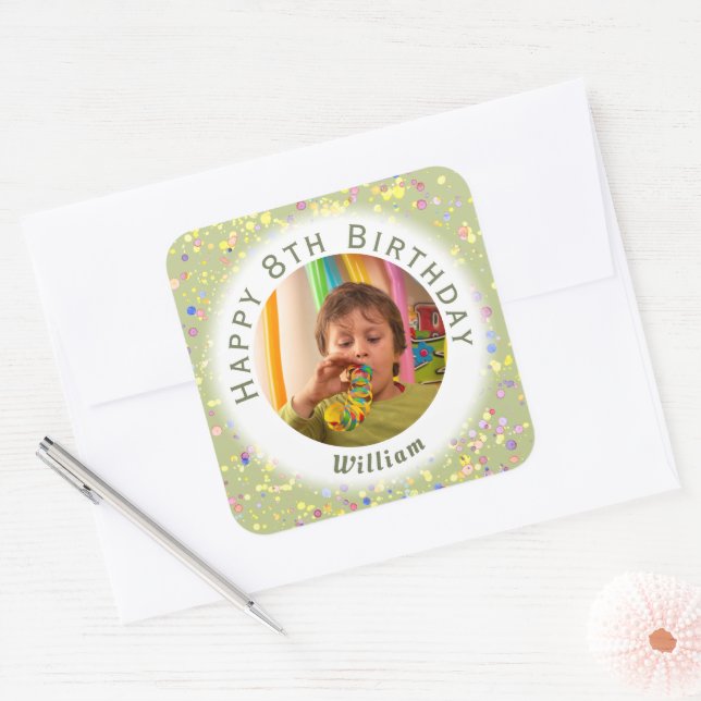 Lime Cream Customizable Birthday Photo Watercolor Square Sticker (Envelope)