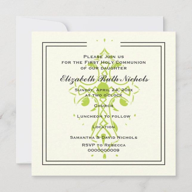 Lime Cross First Communion Baptism Confirmation Invitation (Front)