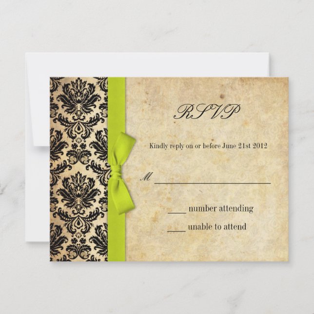 Lime Damask Bow Wedding RSVP (Front)