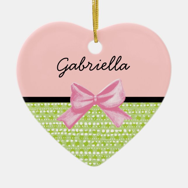 Lime Dots Heart Ceramic Ornament (Front)