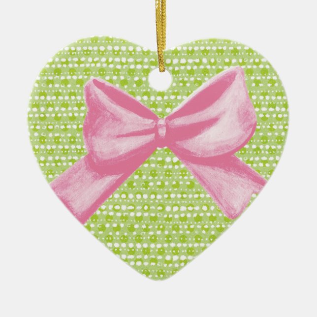 Lime Dots with pink Bow Ceramic Ornament (Front)