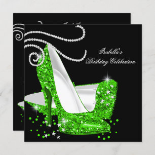 Lime Glitter High Heels Black Birthday Party Invitation