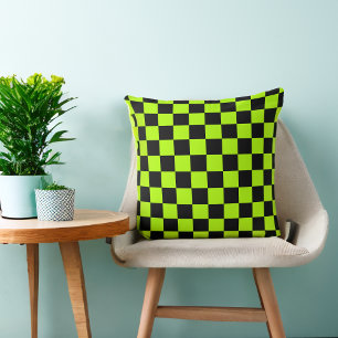 Lime Green 80s Black Chequered Throw Pillow
