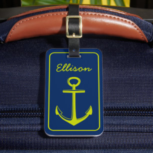 Lime Green Anchor on Navy Blue Personalized Luggage Tag