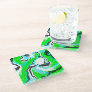 Lime Green and Aqua Blue Bubble Abstract Art Glass Coaster