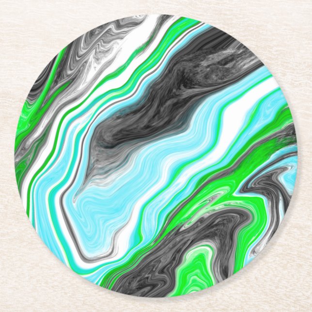 Lime Green and Aqua Blue Bubble Abstract Art  Round Paper Coaster (Front)