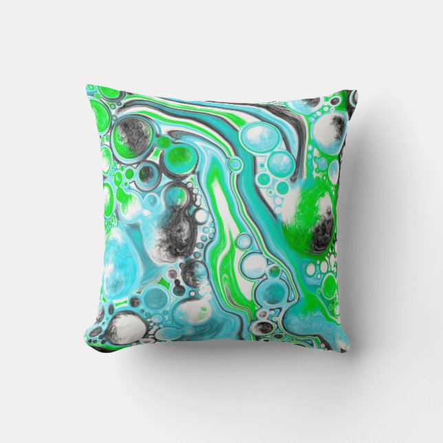 Lime Green and Aqua Blue Bubble Abstract Art Throw Pillow (Front)