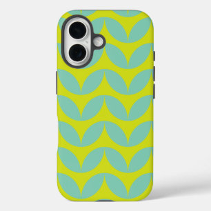 Lime Green and Aqua Blue Retro Leaf Pattern iPhone 16 Case