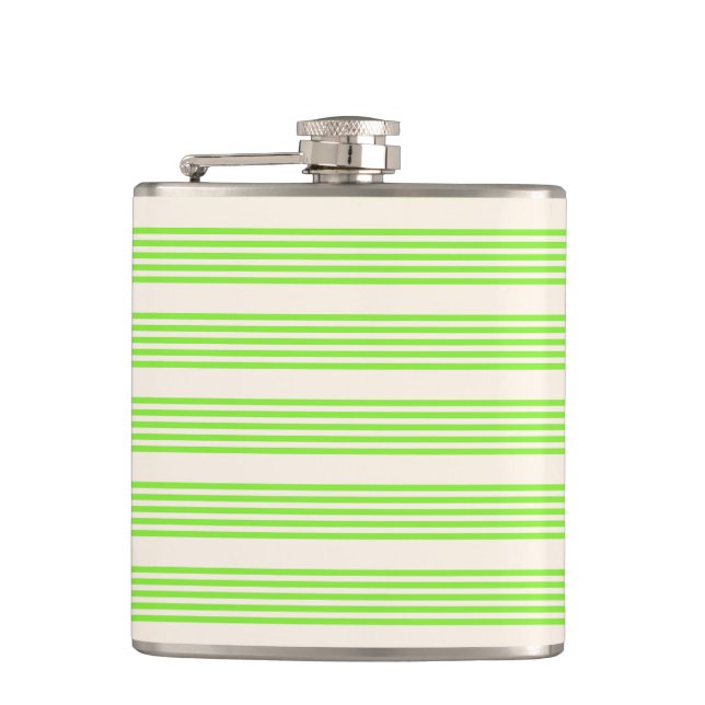 Lime green and beige five stripes pattern hip flask (Front)