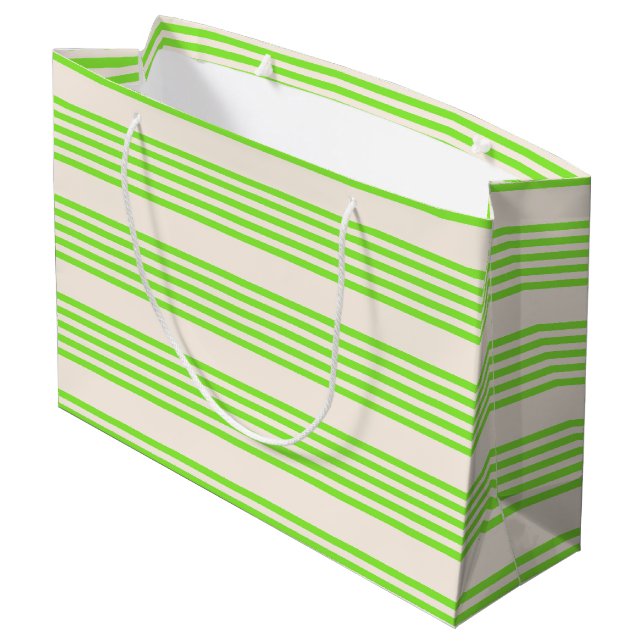 Lime green and beige five stripes pattern large gift bag (Back Angled)