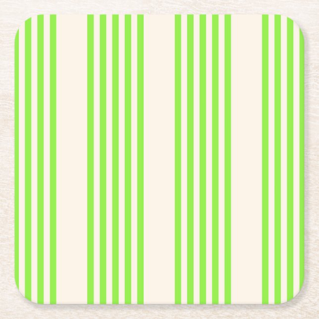 Lime green and beige five stripes pattern square paper coaster (Front)