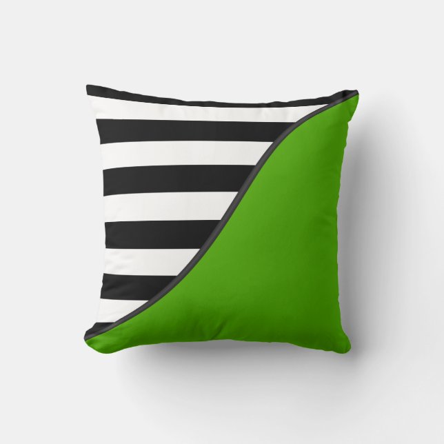 Lime Green and Black and White Stripes Reversible Throw Pillow (Front)