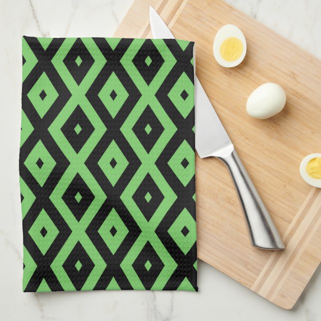 Lime green and black diamond pattern kitchen towel (Quarter Fold)
