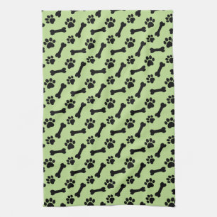 LIME GREEN and BLACK Dog Paws and Bones B03 Kitchen Towel