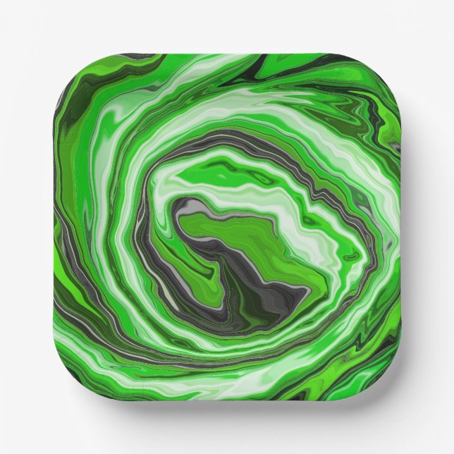 Lime Green and Black Marble like Swirls Fluid Art  Paper Plate (Front)