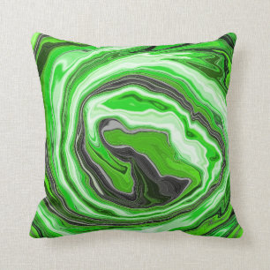Lime Green and Black Marble like Swirls Fluid Art  Throw Pillow